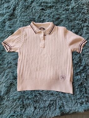 Zara Cream & Dark Purple Knit Polo with Contrast Stripe Trim